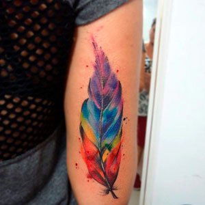 pluma llena de colores en el brazo.