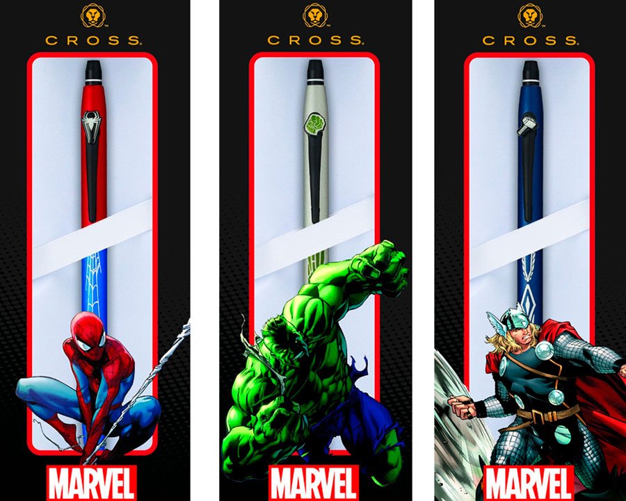 tres modelos del boli cross de marvel. bolígrafos cross personalizados para todos los clientes que lo pidan.
